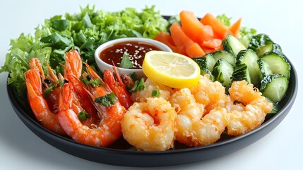 Exquisite Presentation of Tempura: A Culinary Masterpiece Displaying Shrimp and Vegetables with Dipping Sauce