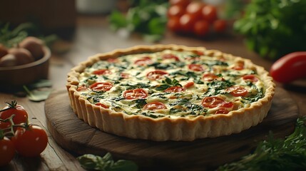 An Exquisite Spinach and Tomato Quiche Bursting with Flavor and Freshness in a Rustic Setting
