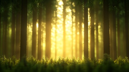 Golden Sunlight Through Tall Trees in Lush Forest