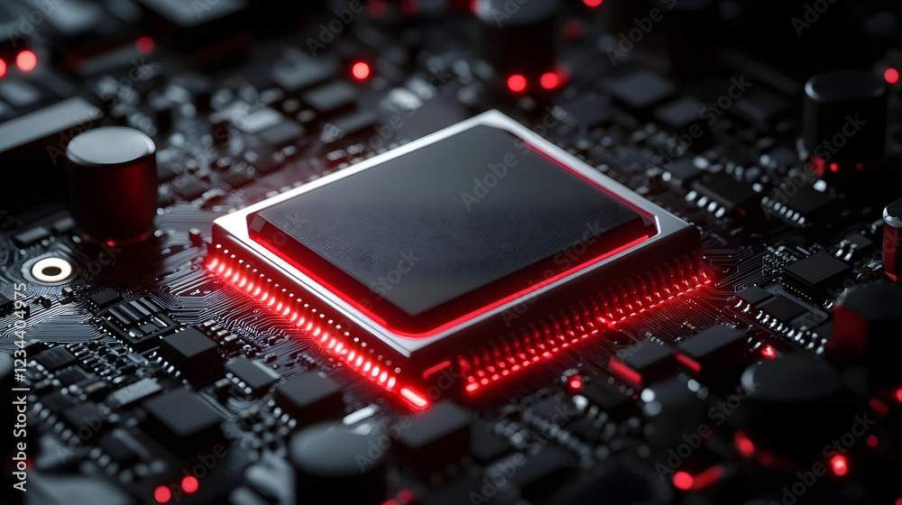 Poster this image depicts a microchip with red illuminated circuits on a black motherboard, showcasing adva