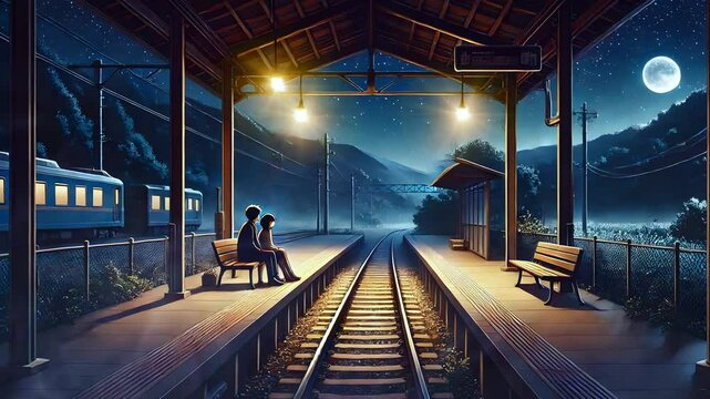 Couple sitting at a train station under the moonlit sky in a serene setting. Seamless looping time-lapse animation video background  
