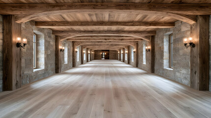 Long, wooden-beamed hallway in stone building