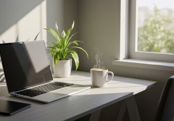 Fototapeta premium A modern home office with a laptop, coffee, and a plant on a minimalist desk