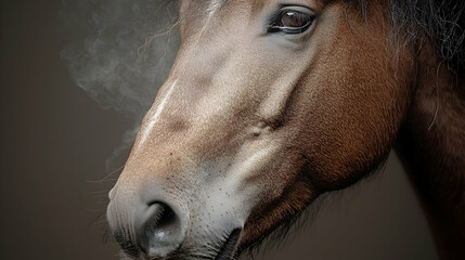 Horse breathing steam, winter portrait, rural background, equine photography