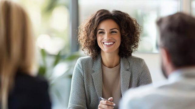 Federal Reserve Interest Rate Cut Themed, Professional woman smiling during meeting, engaging with clients
