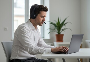 Fototapeta premium A man attending a virtual meeting from his home office with headphones