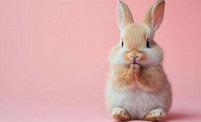 Easter concept: A miniature cute Easter bunny rabbit praying with clasped hands, capturing the essence of Easter with a bright, warm spring pink color palette.