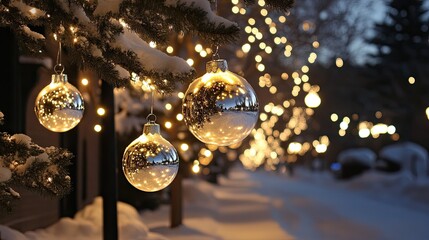 Christmas lights and silver ornaments hanging from snow-covered branches 