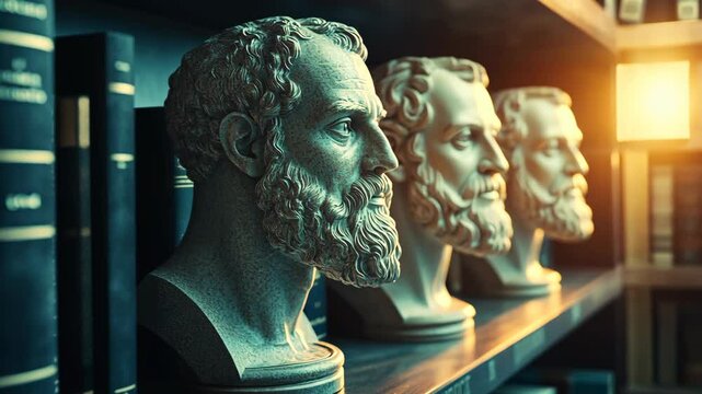 Classical marble busts line a wooden shelf in a library with warm light illuminating the scene during late afternoon