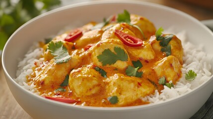 A Flavorful and Inviting Chicken Curry Dish Showcasing Aromatic Spices and Vibrant Colors in a Homely Kitchen Setting