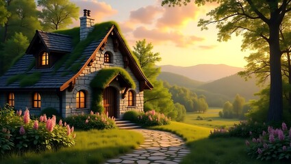 Obraz premium Stone Cottage at Sunset: Tranquil Woods and Idyllic Rural Landscape for Home Design Inspiration