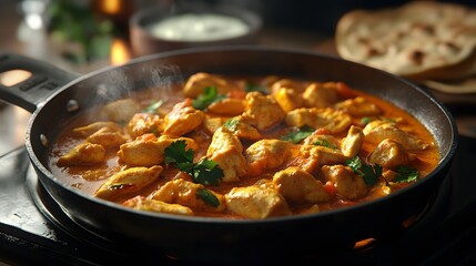 An Invigorating Chicken Curry Experience with Sizzling Spices and Delicious Naan Bread Accompanied by Tangy Yogurt Sauce