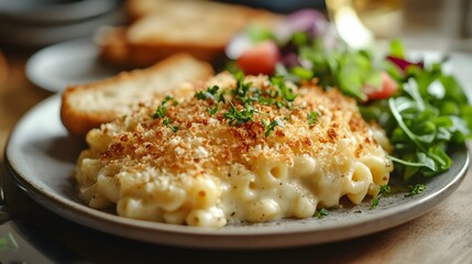 Delightful and Comforting Macaroni and Cheese Served with a Side of Garlic Bread and Fresh Salad
