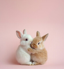 Obraz premium An Easter concept featuring two baby bunny rabbits in white and ginger tones, tightly embracing on a pastel pink background, symbolizing Dutch Easter traditions of renewal and family connection.