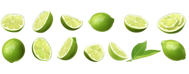 Limes, sliced and arranged on a transparent background