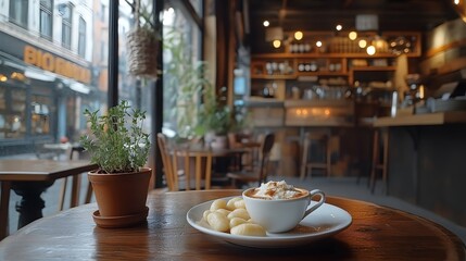 Fototapeta premium A Stunning and Delicious Presentation of Gnocchi with Sauce and Fresh Herbs on a Rustic Table