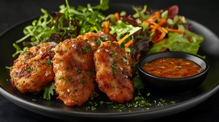 Gourmet Chicken Nuggets with Unique Spices, Fresh Salad, and Zesty Sauce for a Healthy Snack