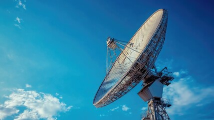 A giant communication satellite dish under a deep blue sky.