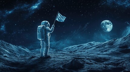 Obraz premium A lone astronaut holds a waving flag on a surreal Moon surface, distant stars glowing.