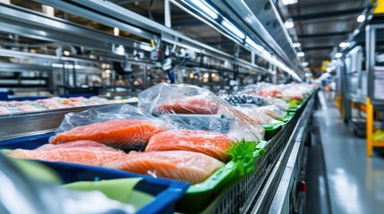 Fresh salmon fillets packed and displayed in a bustling seafood processing facility