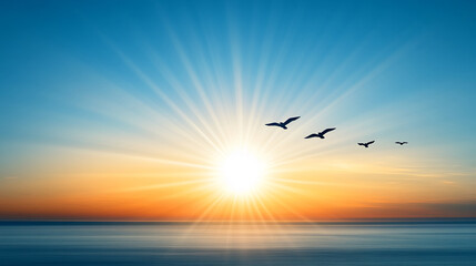 Fototapeta premium Beautiful sunset with rays of sunlight spreading across the sky, birds flying over the calm ocean, symbolizing freedom, hope, and the serenity of nature at twilight.