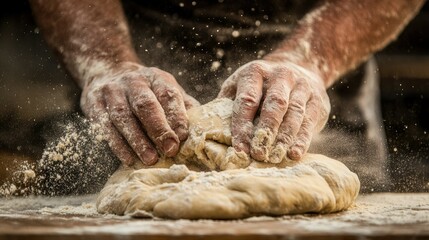 Artisan baker pressing dough with strong hands, flour dust in the air.