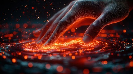Digital hand touching fiery surface, sparks flying, dark background