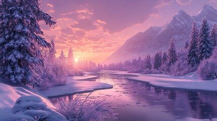 A serene snowy landscape with mountains and trees.