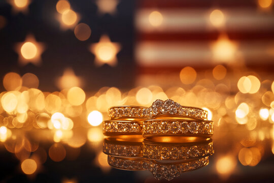 A close-up of gold wedding rings with diamonds, displayed against a bokeh background of stars and an American flag, symbolizing love, patriotism, and commitment.