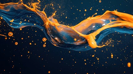 Dynamic abstract image of orange and blue liquid splash on dark background, creating vibrant and energetic visual effect with fluid motion and vivid colors. 