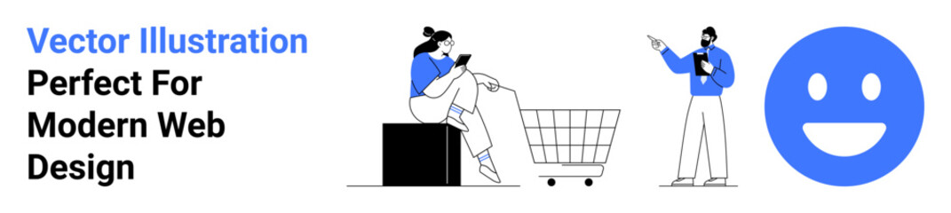 Woman scrolling on phone near shopping cart, man gesturing, large happy face. Ideal for e-commerce, shopping experience, customer feedback, consulting, online engagement, marketing flat landing page