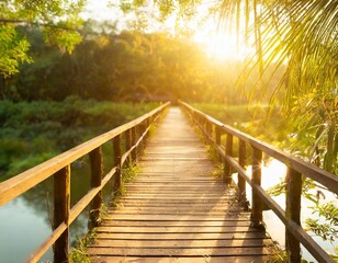 A traditional wooden bridge over a tranquil river, surrounded by lush greenery and a peaceful atmosphere.