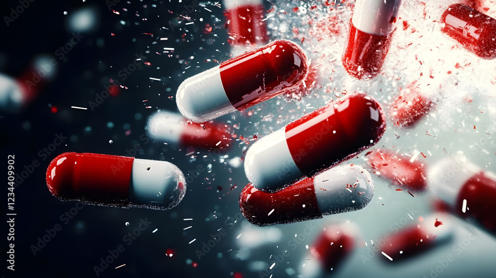 Poster a digital representation of red and white capsules exploding in mid-air with particles and motion bl