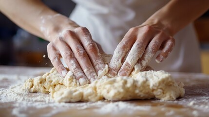 Dough preparation in progress, hands folding and kneading with precision.