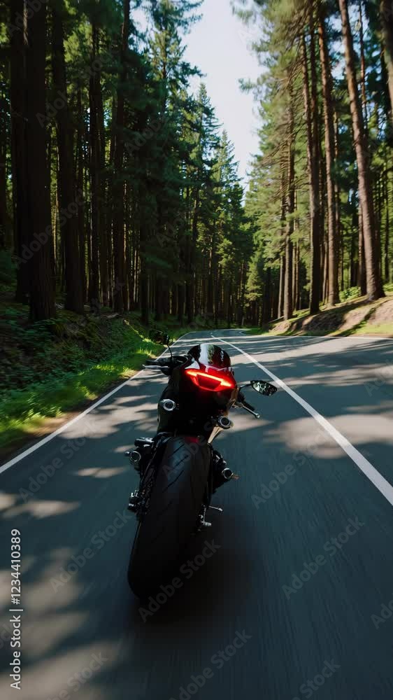 Aufkleber a rearview shot focusing on the bike’s taillight and winding forest road ahead, tall pines towering 