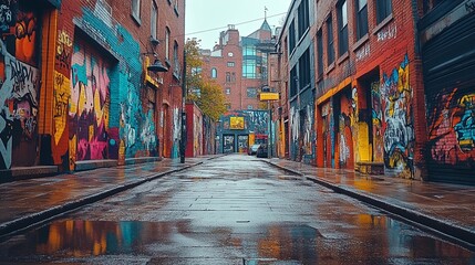 Fototapeta premium A rainy day alleyway with vibrant graffiti and colorful street art.
