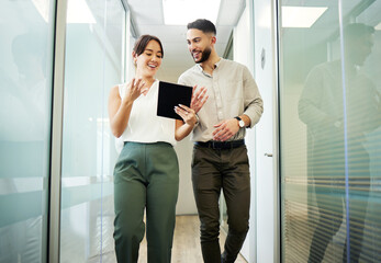 Tablet, business people and walking in office, teamwork and conversation with digital app....
