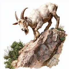 Mountain Goat Climbing Rocky Terrain with Lush Greenery in Natural Landscape Setting