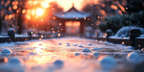 Fototapeta premium Melting snow and puddles glistening under the sunset in a serene landscape