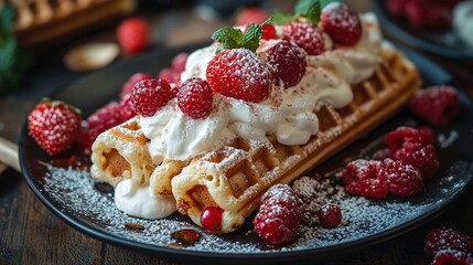 Delicious Waffles Topped with Whipped Cream and Fresh Berries.