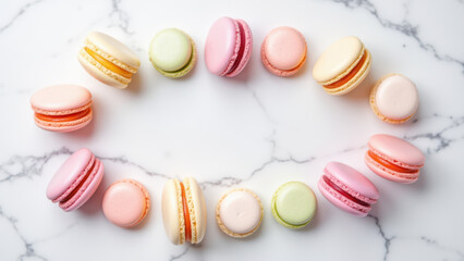 Fototapeta premium A heart-shaped arrangement of colorful macarons on a marble surface.