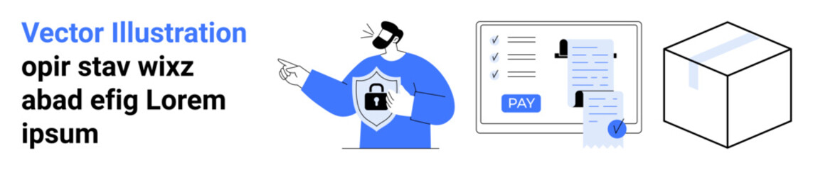 Person holding shield symbolizing protection, payment receipt with button, and cube carton. Ideal for cybersecurity, secure payments, e-commerce, transactions, shipping, data privacy abstract line