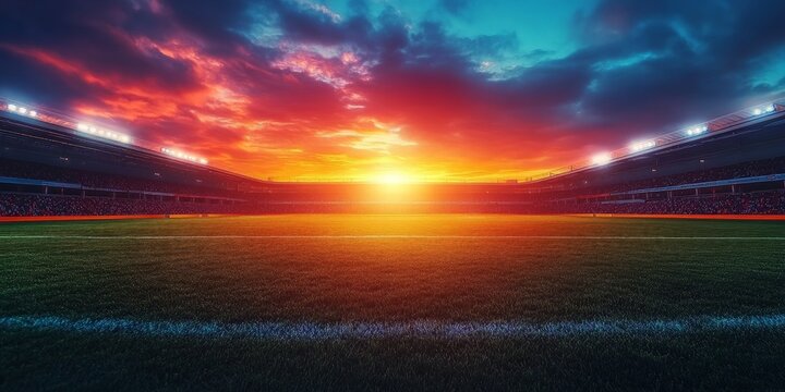 A picturesque soccer stadium at sunset, capturing the vibrancy and energy of sports and unity.