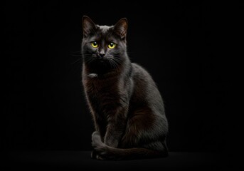 A sleek black cat sitting gracefully with glowing yellow eyes in the dark