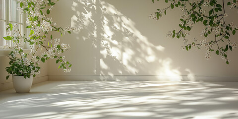 Indoor plants casting shadows on the floor with sunlight.