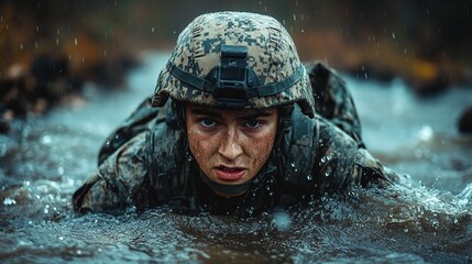 US Marines Corps Trainees Navigate an Obstacle Course Through Muddy Water.