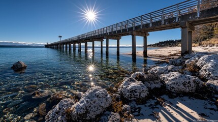 Obraz premium Sunlit Pier over Calm Ocean Coastal Landscape Photography Serene Beach Environment Scenic Viewpoint