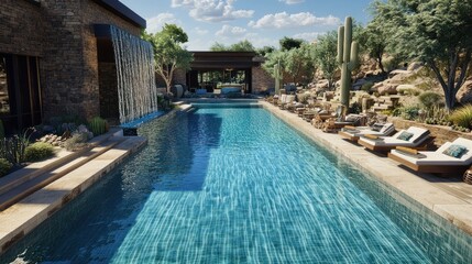 Desert luxury pool, spa, waterfall, landscaping, relaxation