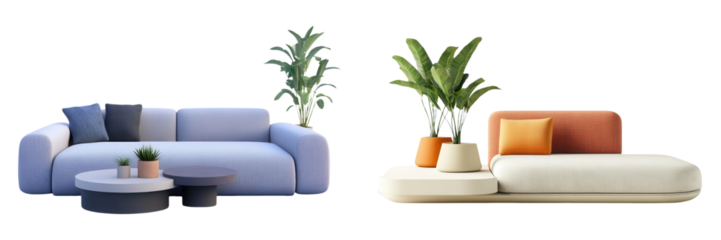 3D Stylish modern sofas with vibrant cushions and decorative plants, perfect for enhancing interior decor and creating a cozy living space.