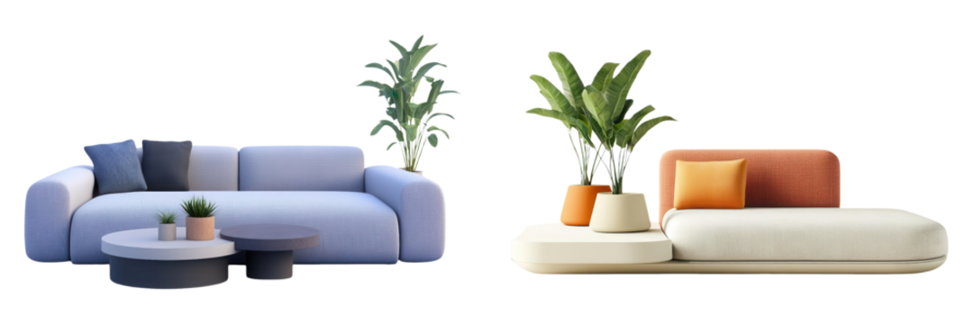 3D Stylish modern sofas with vibrant cushions and decorative plants, perfect for enhancing interior decor and creating a cozy living space.